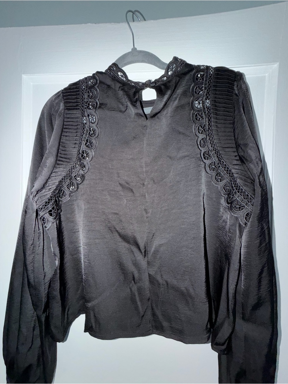 Z Supply Black Lace-Trim Long Sleeve Blouse